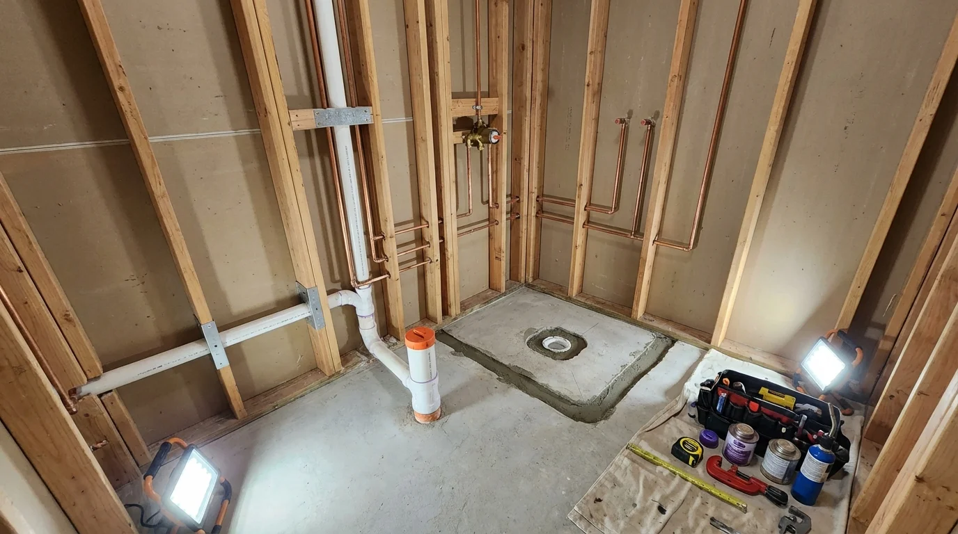 Bathroom rough-in plumbing during remodel by Johns Plumbing LLC in Johnston