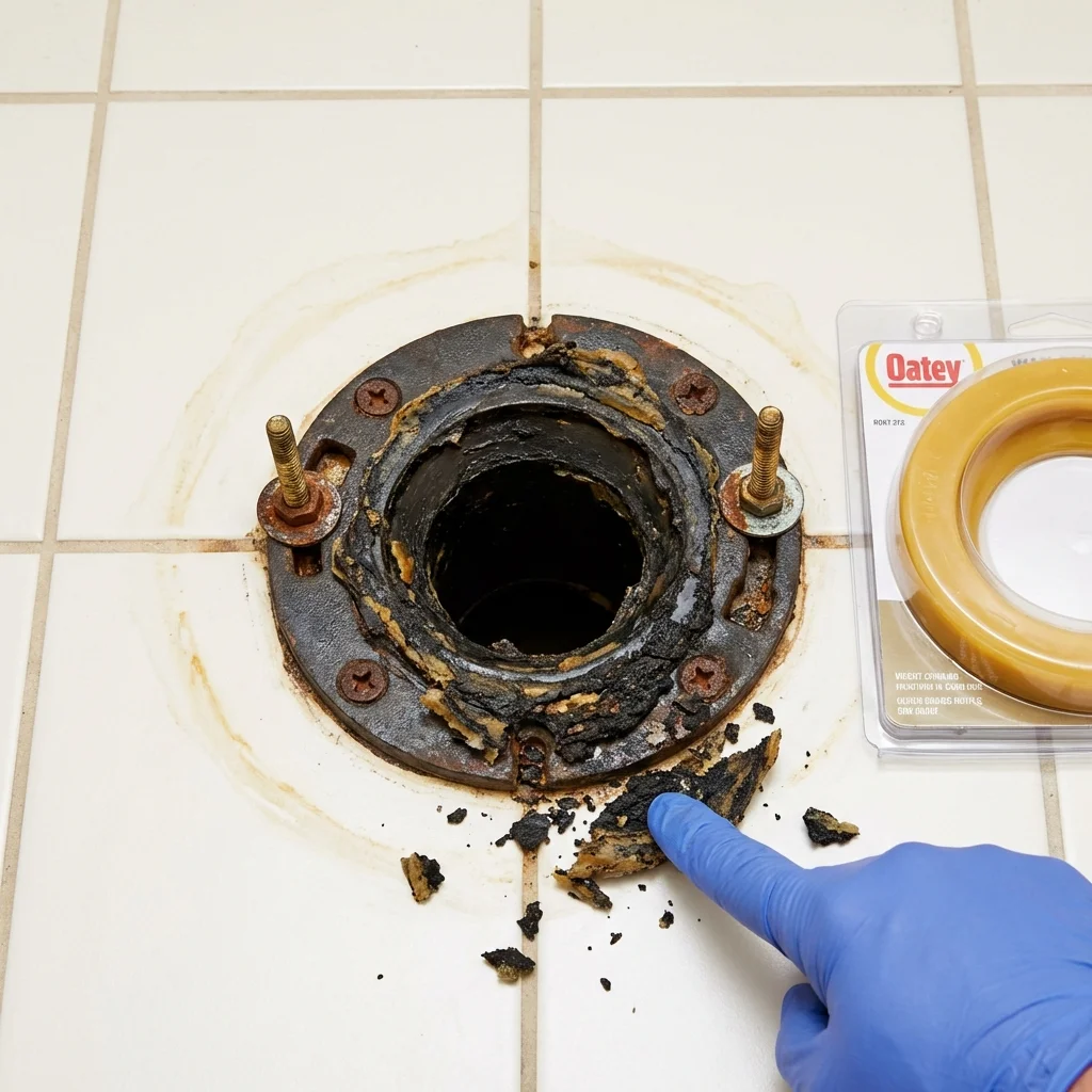 Failed wax ring showing water seepage at the base of a toilet in a Johnston, SC home