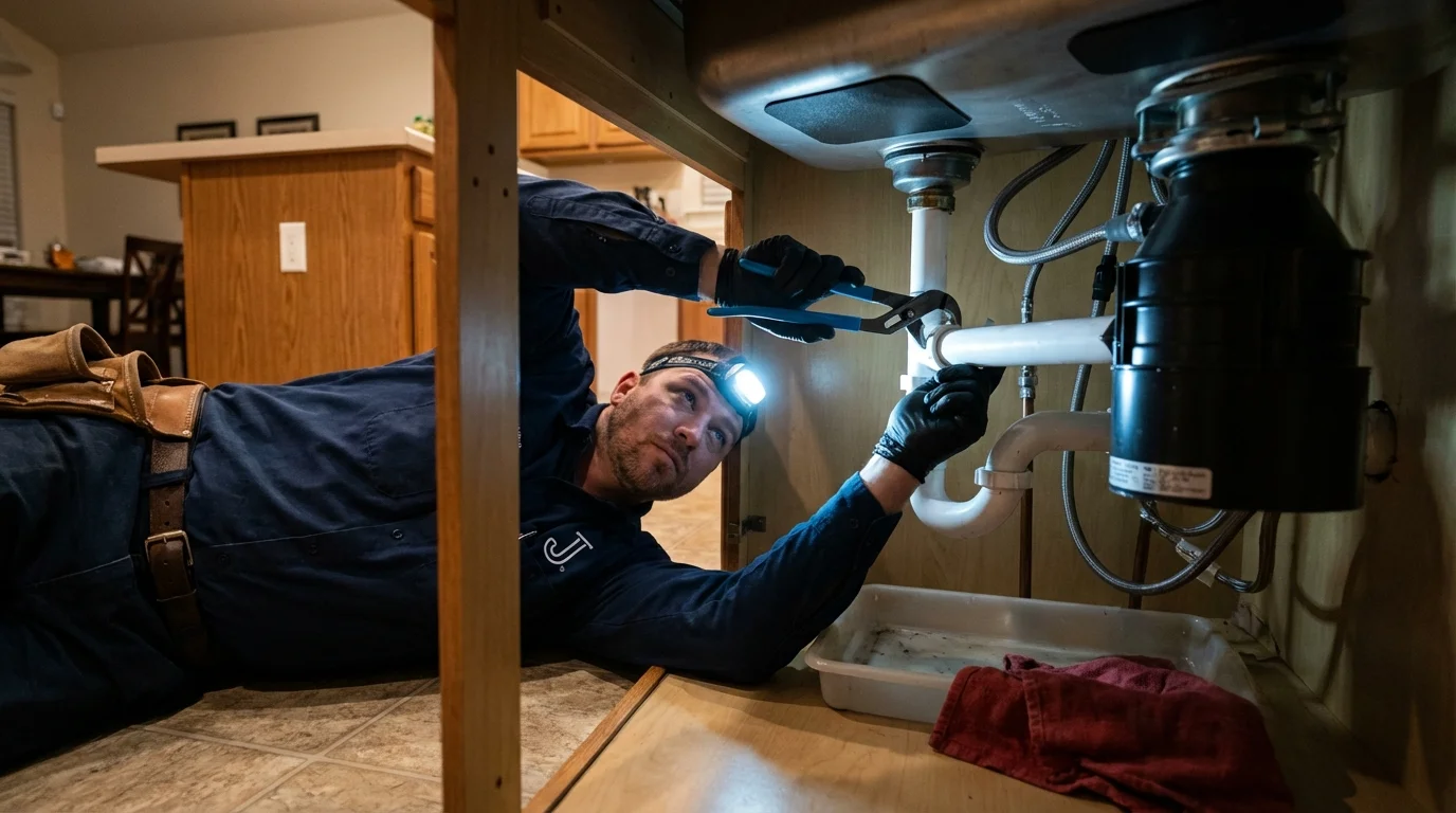 P-trap and supply line connections under a kitchen sink showing a common leak point in Johnston, SC